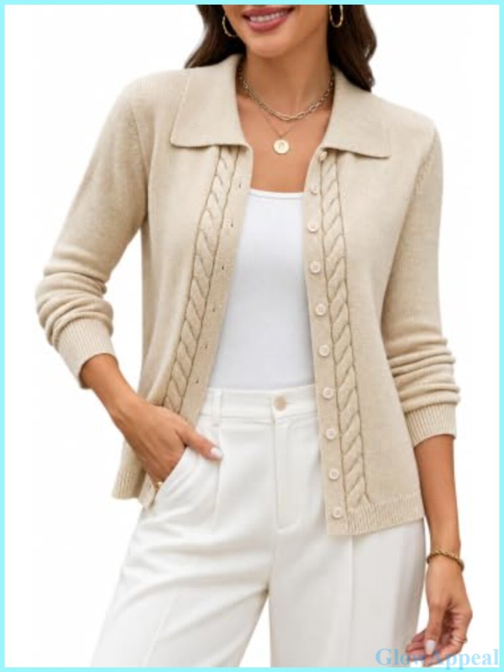 Lightweight Cable Knit Button Up Polo Collar Cardigan Sweater